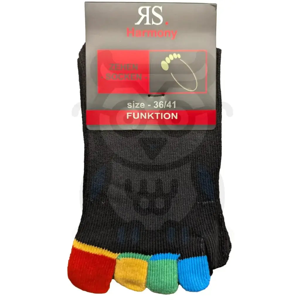 Chaussettes à 5 doigts couleur avec orteils séparés en rouge, jaune, vert, bleu et noir pour pieds sensibles.