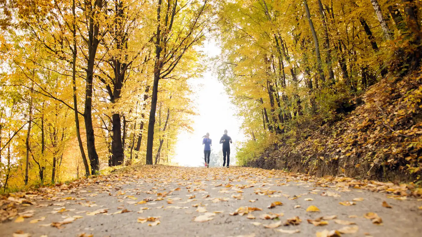 Couple qui court dans la campagne en automne