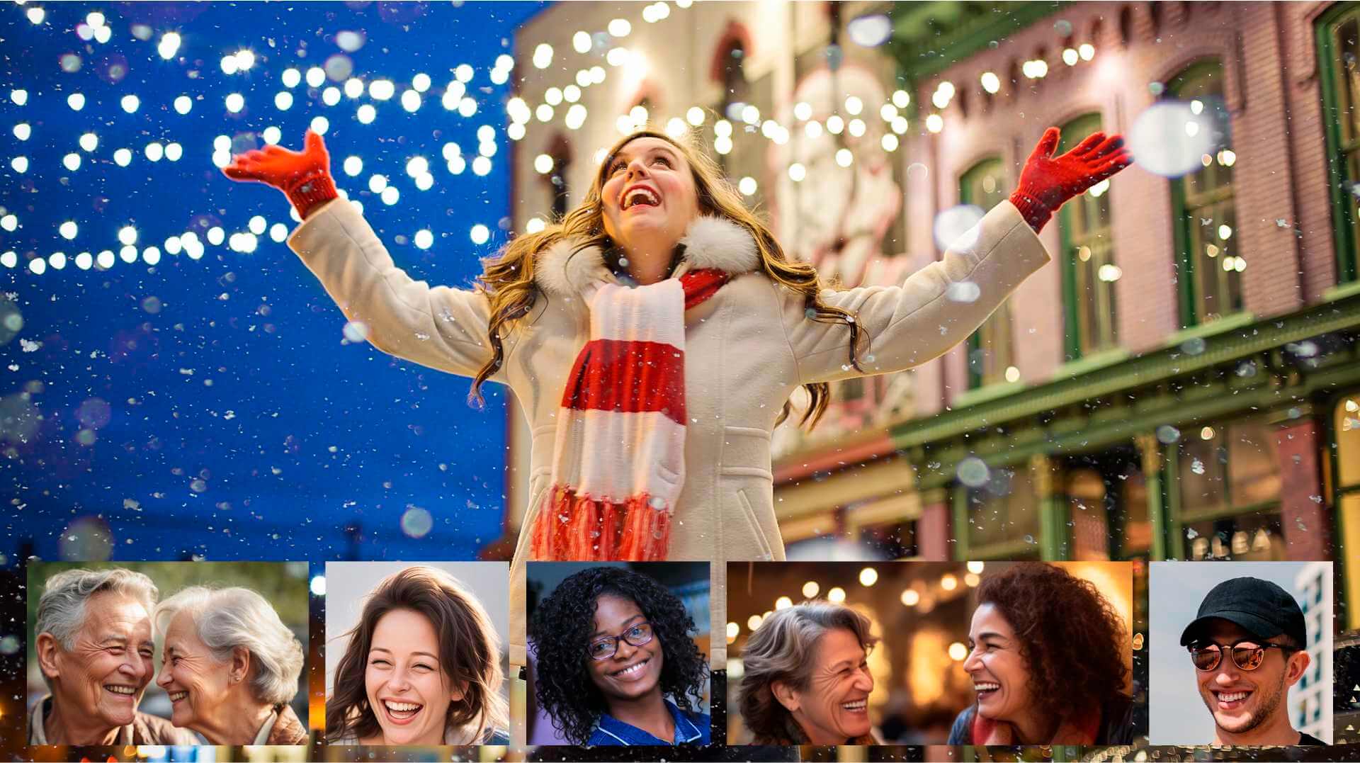 Une jeune femme sourie à Noêl sous la neige car elle est heureuse dans ses chaussettes de Noël