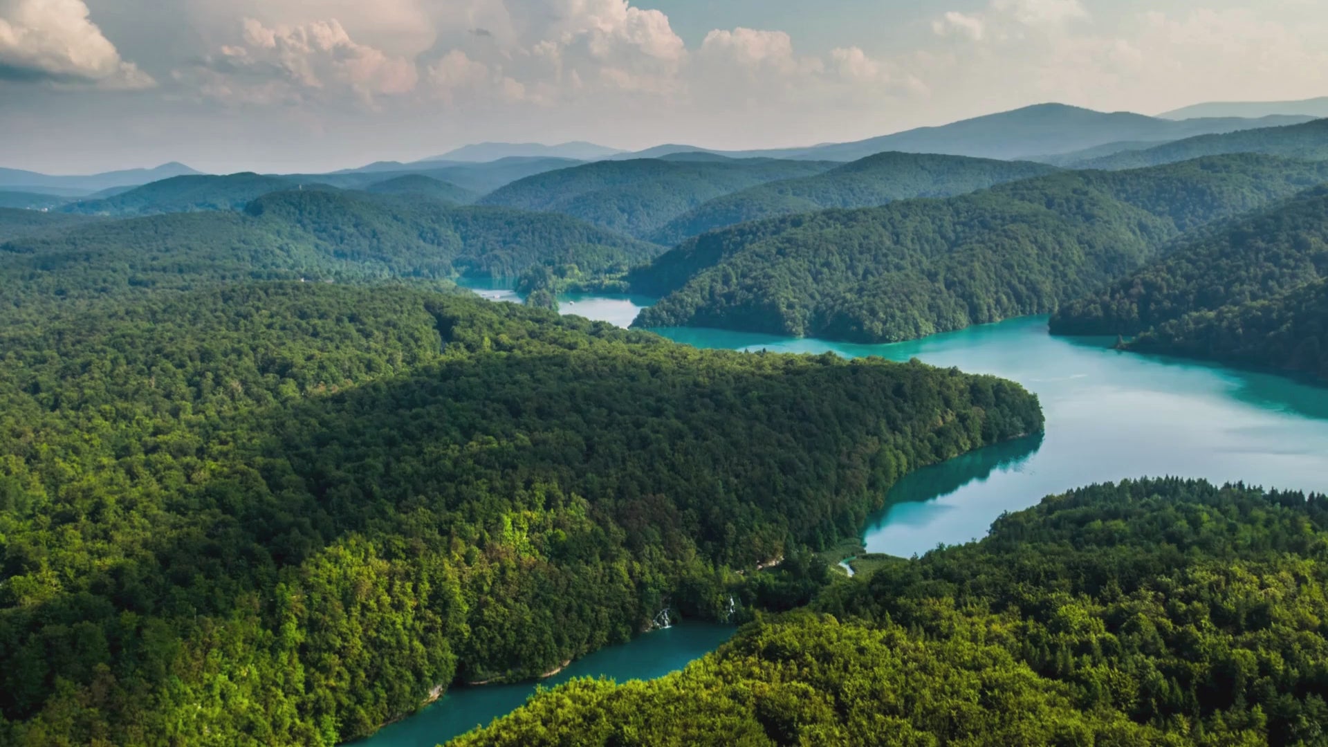 Survol d'une forêt et d'un lac où on peut pratiquer des activités sportives outdoor.