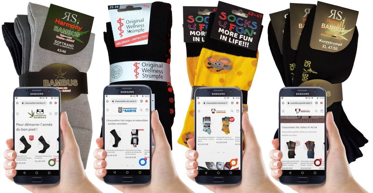 présentation sur smartphone des 4 sites internet de vente en ligne de chaussette bambou, santé, fantaisie, grandes tailles