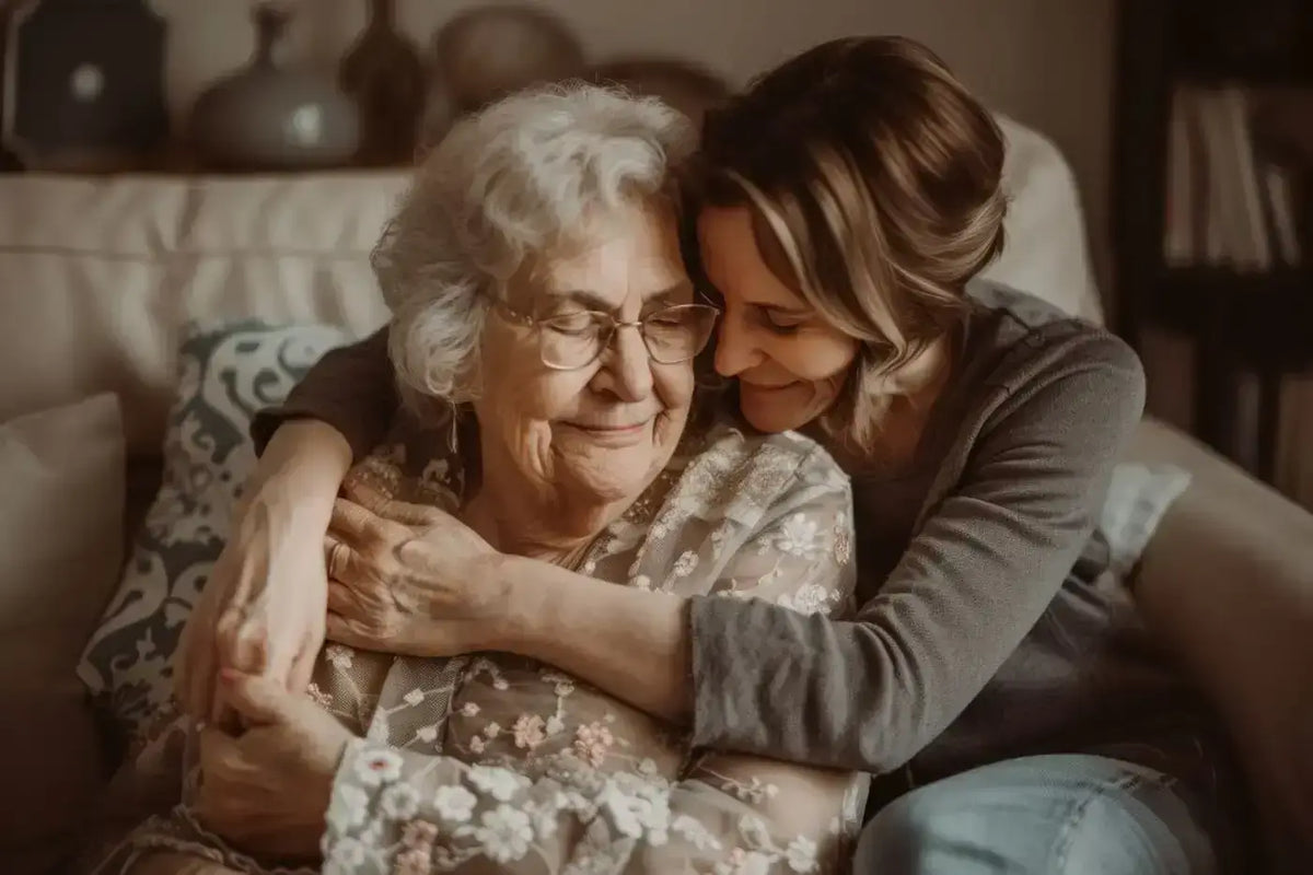 Jeune femme qui enlace tendrement sa maman pour lui dire son amour pour elle