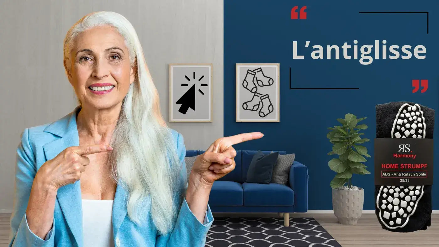 Femme senior fait la promotion des chaussettes antidérapantes
