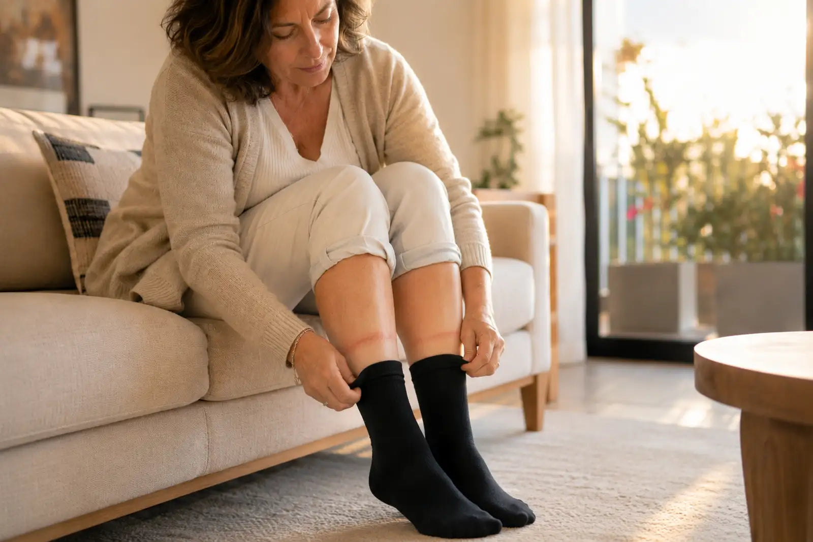 Femme retirant ses chaussettes après une journée de travail avec des marques rouges visibles sur les mollets 