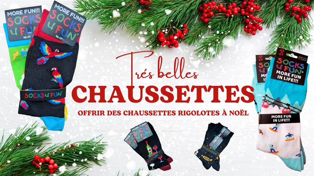 Des idées cadeaux pour Noël avec des chaussettes fantaisie colorées et festives.