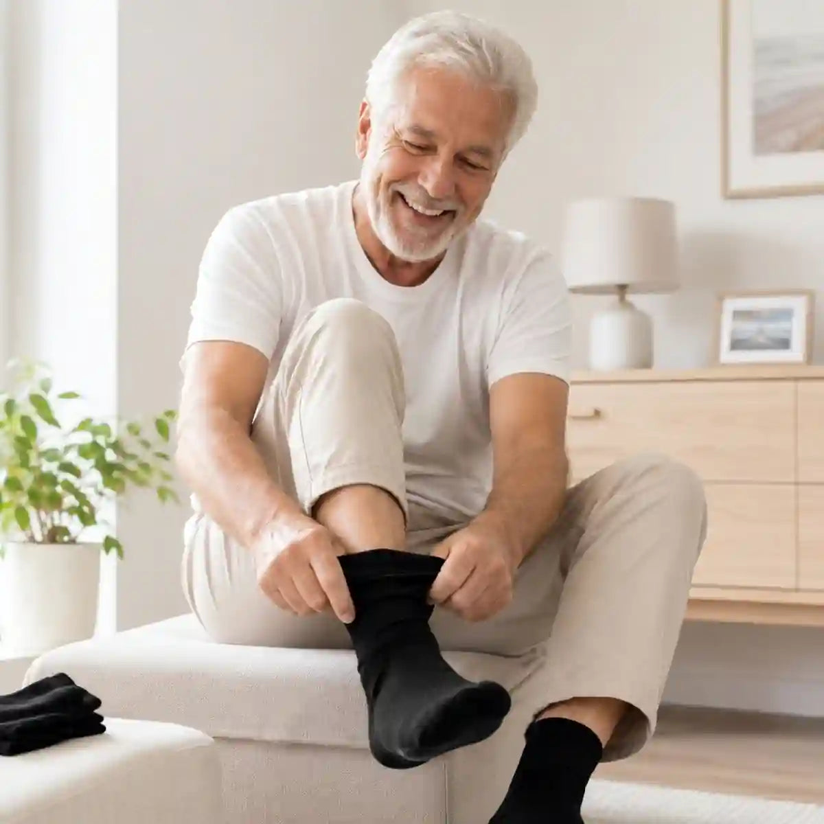 Homme senior en train d'enfiler des chaussettes confort senior homme femme dans un salon lumineux.