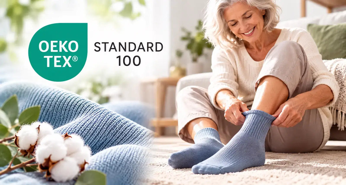 Une femme enfile sa chaussette certifiée par le label Oeko-Tex®