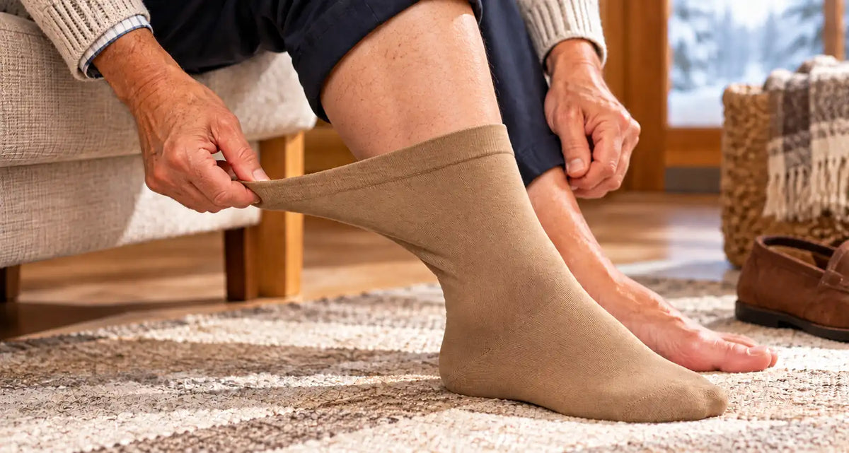 Un homme enfile sa chaussette extra extensible beige et montre l'extensibilité