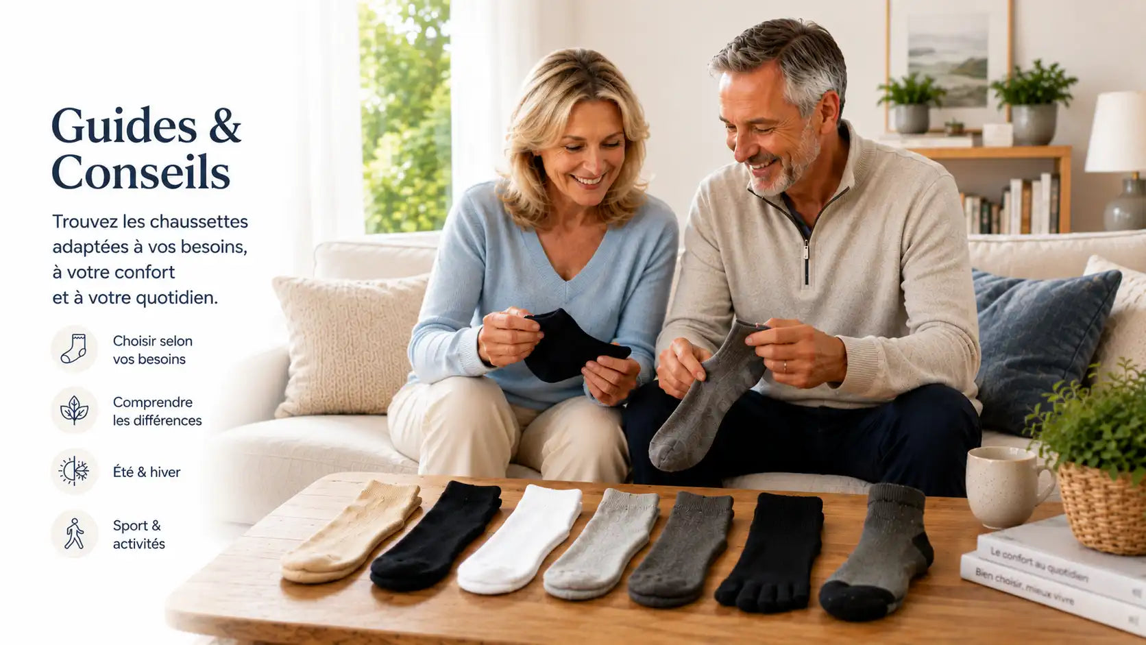 Un couple est assis dans un canapé et sourient tous ldeux en choisissant leurs chaussettes bien-être.