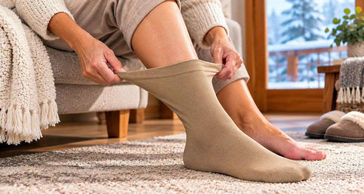 Une femme enfile ses chaussettes extensibles beige assise dans son canapé.